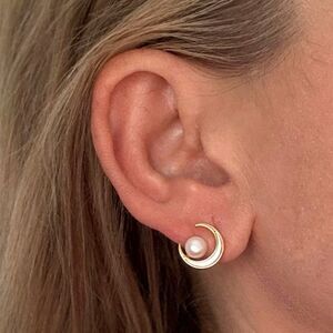 Crescent Moon & Freshwater Pearl Earrings, Lunar Studs, 18k Gold Vermeil Jewelry